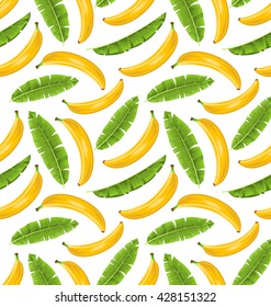 Illustration Seamless Pattern with Banana Leaves and Fruits. Food Background - Vector