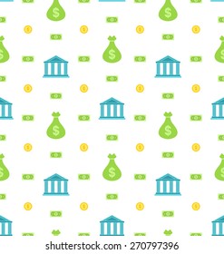 Illustration Seamless Pattern with Bank Institution, Bank Notes, Business Background - Vector