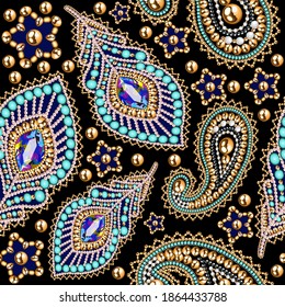 Illustration of seamless pattern with beaded peacock feathers