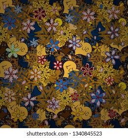 Illustration. Seamless pattern Beautiful fabric background. Doodles on a black, yellow and brown colors. Vector texture.