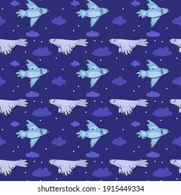 Illustration of seamless pattern with birds and clouds. Flying birds of blue and lilac color. Simple cute style. Isolated objects on a dark blue background. 
