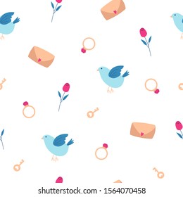 illustration a seamless pattern with a blue bird, an envelope with a heart, ring, key, rose and hearts on a white background. to valentine's day. For design, cards, flyers, fabric.