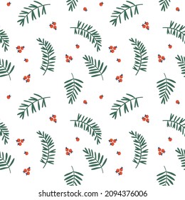 Ilustración de un patrón sin fisuras de las ramas de ceniza de montaña, bayas, elementos botánicos. Un estilo sencillo y agradable. Adecuado para vacaciones de invierno y motivos botánicos naturales. Fondo blanco.