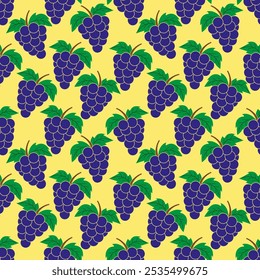 Ilustración de un patrón sin fisuras con racimos de uvas moradas y hojas verdes sobre un fondo amarillo.