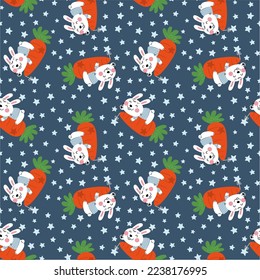 Illustration of a seamless pattern of a bunny riding a star flying in the starry sky