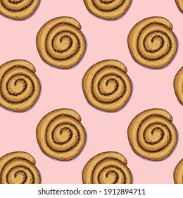 Illustration nahtloses Muster. Brötchen mit Mohnsamen diagonal. Einzige Objekte auf rosafarbenem Hintergrund. Einfache Sketch-Doodle-Stil.