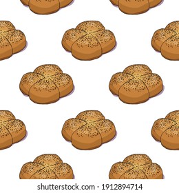 Illustration seamless pattern. Buns with poppy seeds diagonally. Isolated objects on a white background. Simple sketch doodle style.