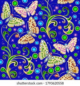 illustration of seamless pattern with butterflies and plants from precious stones
