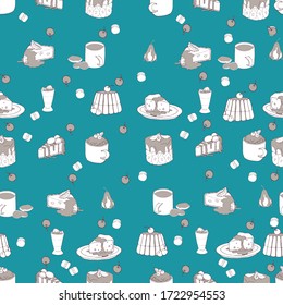 illustration seamless pattern from cake,cupcake,muffin,mug on a blue background.