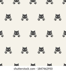 illustration of seamless pattern cat head with paws on a light background