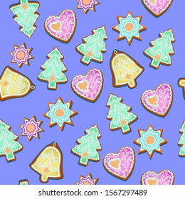 Illustration seamless pattern with Christmas gingerbread Christmas trees, bells, hearts and stars.