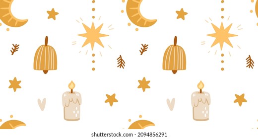 Illustration of a seamless pattern from Christmas items. Moon, stars, candle, bell on a white background. Simple cute style.