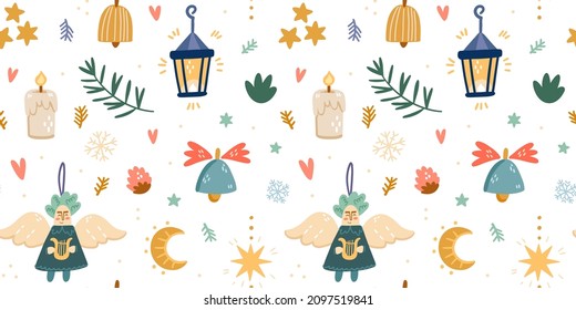 Illustration seamless pattern Christmas items  Moon  stars  candle  bell  angel  branches  flashlight white background  Christmas   magic theme  Simple cute style 