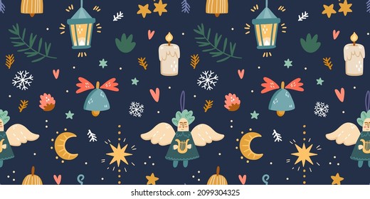 Illustration seamless pattern Christmas items  Moon  stars  candle  bell  angel  branches  flashlight dark background  Christmas   magic theme  Simple cute style 