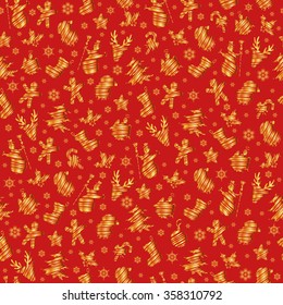 Illustration of seamless pattern with Christmas symbols in gold and red colors