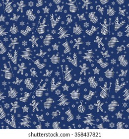 Illustration of seamless pattern with Christmas symbols in silver and blue colors
