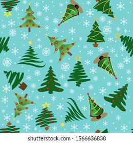 Illustration Seamless Pattern with Christmas Trees and Snowflakes