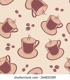 Illustration seamless pattern with coffee cups and beans - vector