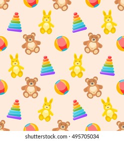 Illustration Seamless Pattern with Colorful Children Toys. Funny Background with Rabbits, Bears, Pyramids, Balls - Vector
