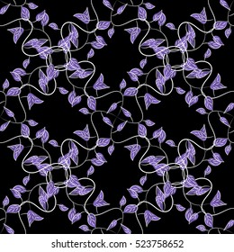 Illustration of seamless pattern of colorful flower on black background. Lilac, violet. Vector.