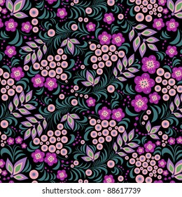 Illustration of seamless pattern of colorful flower on black background.