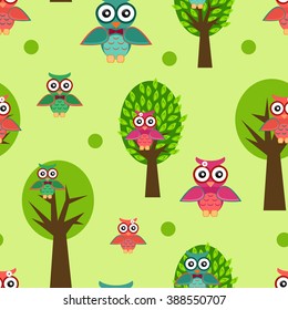 Illustration of a seamless pattern with colorful owls on trees.
