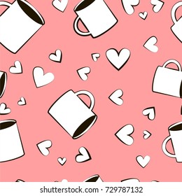 illustration of seamless pattern with cups and hearts