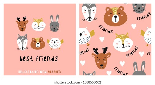Illustration and seamless pattern with cute animals. Best friends. Great for kids apparel, nursery decoration. Vector Illustration