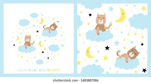 Illustration and seamless pattern with cute cat, clouds, stars, moon. Great for kids apparel, nursery decoration. Vector Illustration