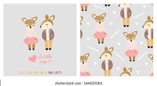 Illustration and seamless pattern with cute chipmunk. Love, couple. Valentine's day Great for kids apparel, nursery decoration. Vector Illustration