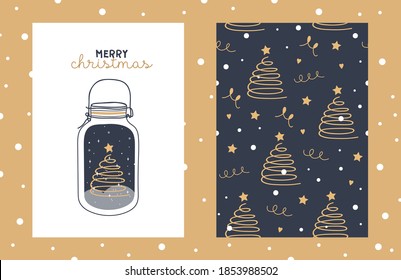 Illustration and seamless pattern with cute chritmas  tree in a glass jar with stars and snowflakes.Vector childish illustration. Print on poster, postcards, clothes.New Year card. Merry Christmas. 