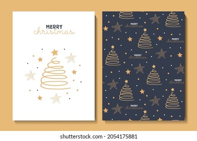 Illustration and seamless pattern with cute chritmas  tree, stars and snowflakes.Vector childish illustration. Print on poster, postcards, clothes.New Year card. Merry Christmas. 