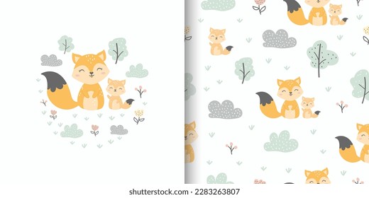 Illustration and seamless pattern with cute fox and forest. Cute mom and little fox. Vector illustration. Design for fabric, textile, kids fashion, wrapping, wallpaper