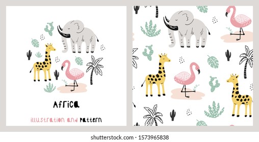 Illustration and seamless pattern with cute giraffe, elephant, flamingo with hand drawn illustrations.  Africa. Great for kids apparel, nursery decoration. Vector Illustration