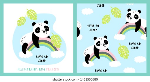 Illustration and seamless pattern with cute panda.  Great for kids apparel, nursery decoration. Vector Illustration