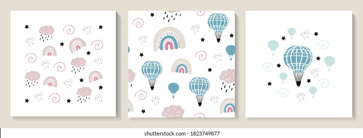 Illustration and seamless pattern with cute rainbow with hand drawn elements. Great for kids apparel, nursery decoration. Vector Illustration