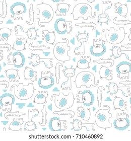 illustration of seamless pattern with cute safari baby animals with clouds white background, design for children, ideal for nursery art decoration or scrapbook projects