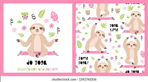 Illustration and seamless pattern with cute sloths in asanas doing yoga. Suitable for prints, wrapping paper, gift box, apparels