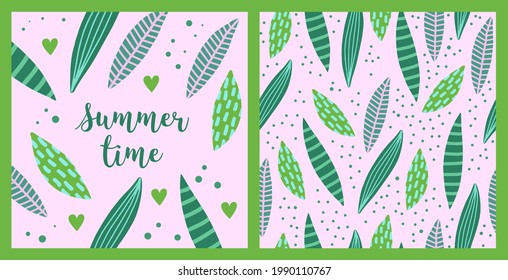 Illustration und nahtloses Muster mit süßen Sommerblättern. Ideal für Kinderbekleidung, Kindergartendekoration. Vektorgrafik