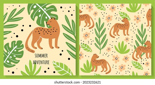 Illustration and seamless pattern with cute summer leaves and leopard. Great for kids apparel, nursery decoration. Vector Illustration