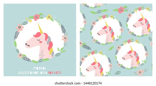 Illustration and seamless pattern with cute unicorn. Great for kids apparel, nursery decoration. Vector Illustration