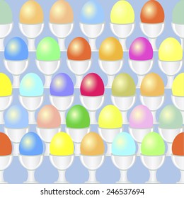an illustration of a seamless pattern with different colored eggs in egg-cups