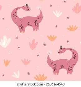 Illustration of seamless pattern with dinosaurs. Sophisticated pleasant colors. Cute simple style. Decoration of a children's holiday, room, toys.