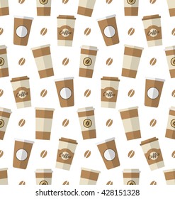 Illustration Seamless Pattern with Disposable Coffee Cups. Wallpaper with Simple Flat Icons - Vector