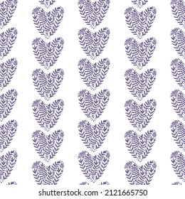 Illustration of a seamless pattern of doodle botanical hearts. Simple cute style. Green objects on a white background. Universal use.