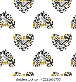 Illustration of a seamless pattern of doodle botanical hearts. Simple cute style. Green objects on a white background. Universal use.