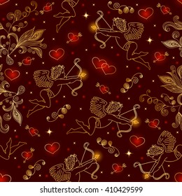 Illustration of seamless pattern with doodle cupids, hearts and floral elements
