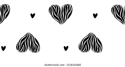Illustration of a seamless pattern of doodle hearts. Simple cute style. Black objects on a white background. Universal use.