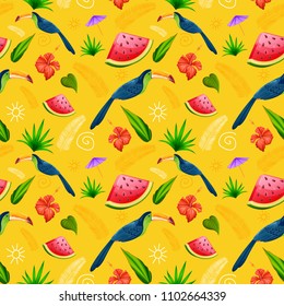 illustration of seamless pattern with exotic tropical flower and colorful toucan