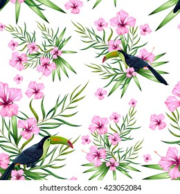 illustration of seamless pattern with exotic tropical flower and colorful toucan